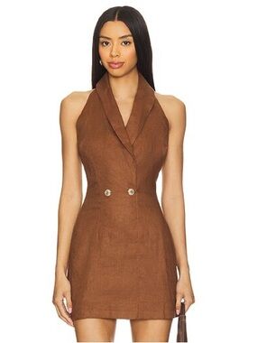 Lovers And Friends Sz M Brixton Linen Brown Halter Mini Dress